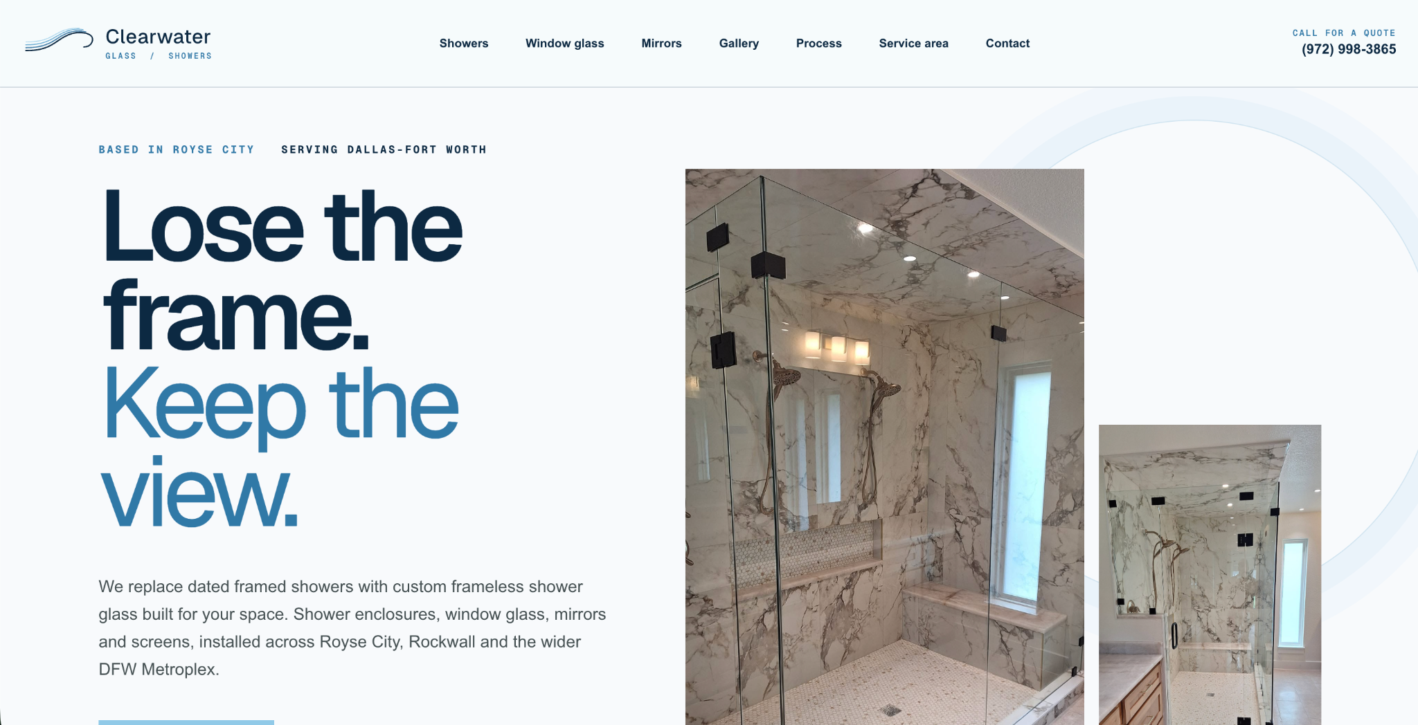 Clearwater Glass and Showers homepage with a bright blue visual system and frameless shower photography