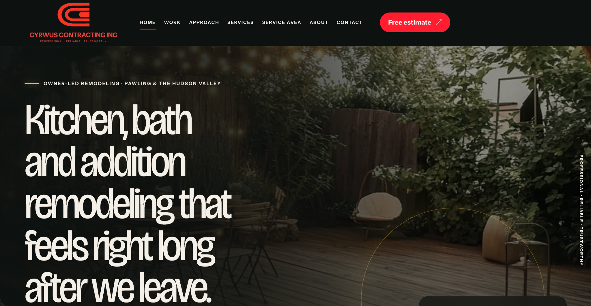 Cyrwus Contracting homepage with a dark editorial layout, red details, and owner-led remodeling message