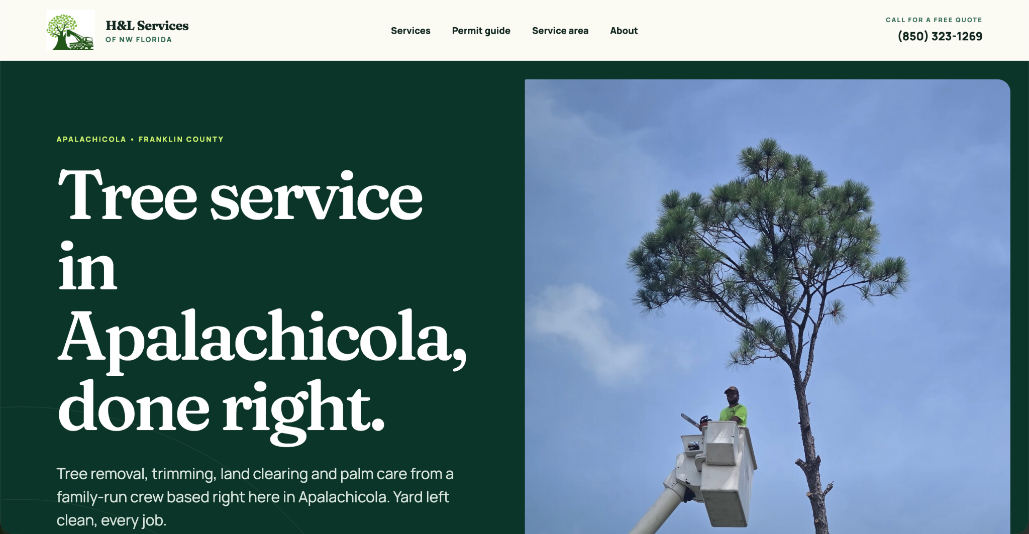 H&L Services of NW Florida homepage with a tree-service headline and crew photography